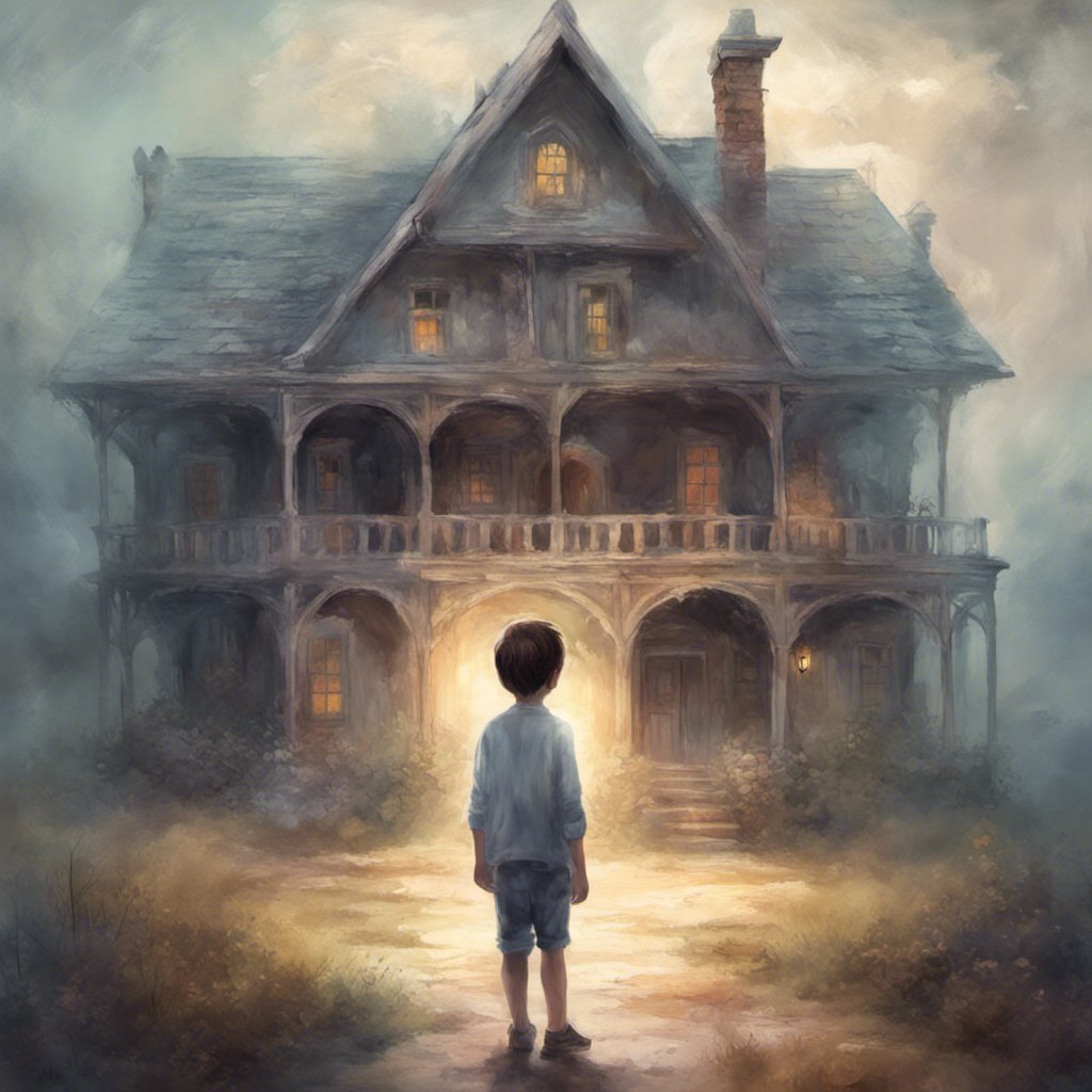 A painting of a boy standing in front of Gabbie's Ghostly Mansion.