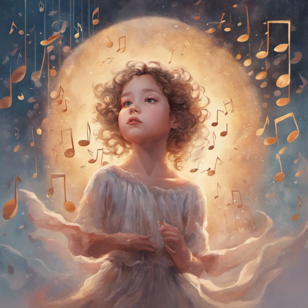 In the Land of Music, a little girl in a white dress dances beneath the sky filled with music notes.