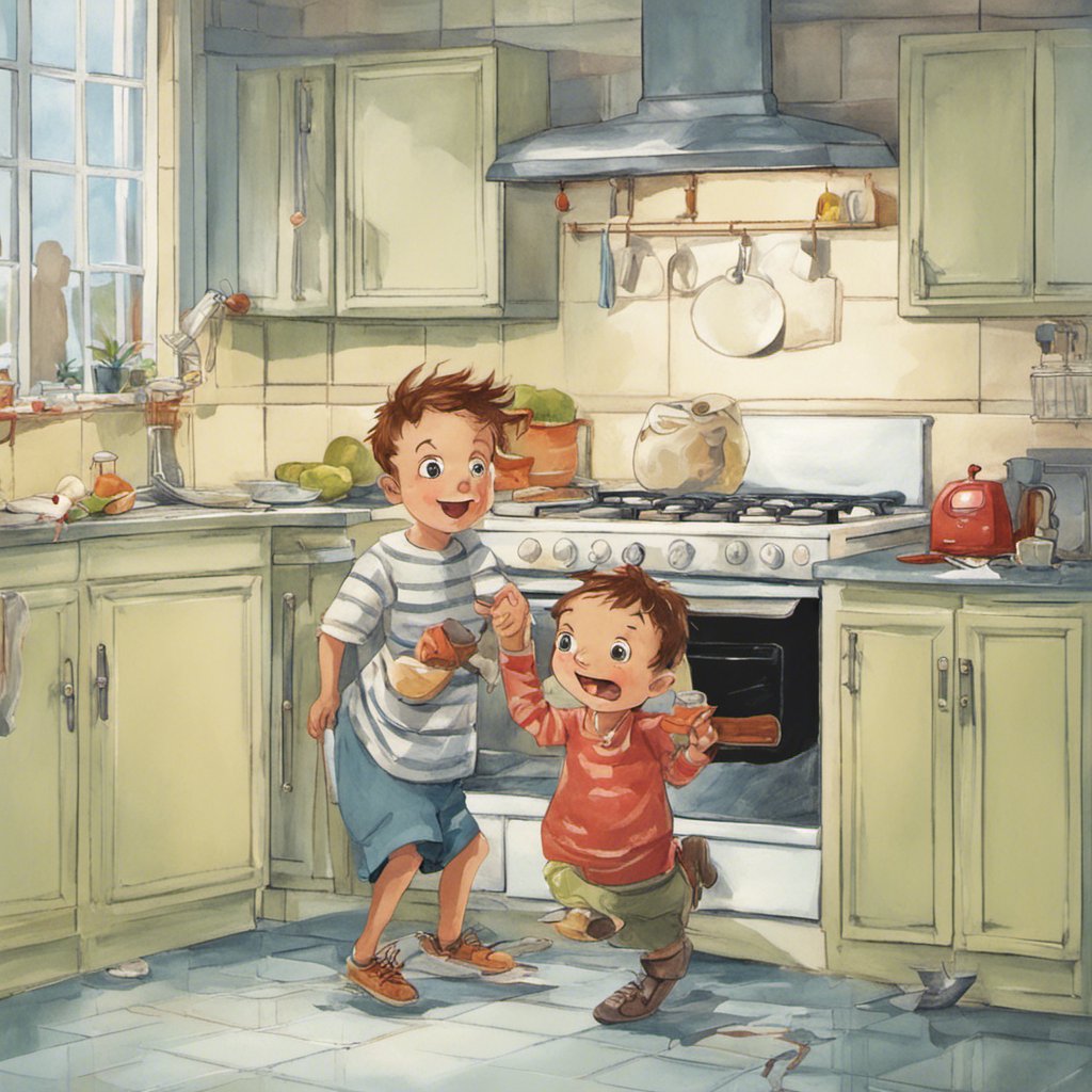 A cartoon illustration of two boys, Étienne and Remy, in a kitchen undergoing a culinary adventure.