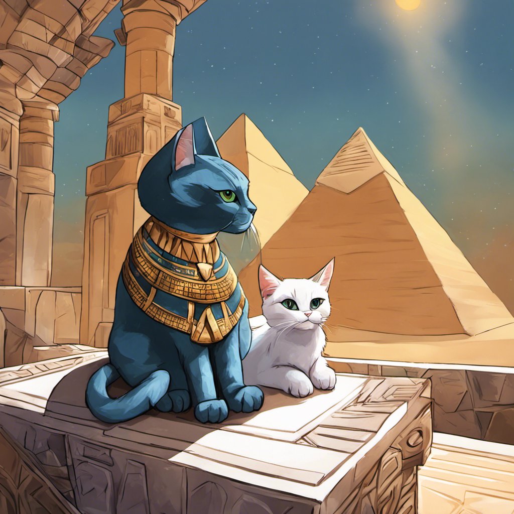 Two enchanting Egyptian cats sitting in front of the pyramids.