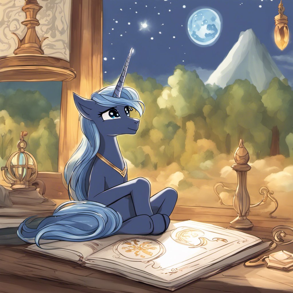 A little pony sitting in front of a book, embarking on an enchanting quest.