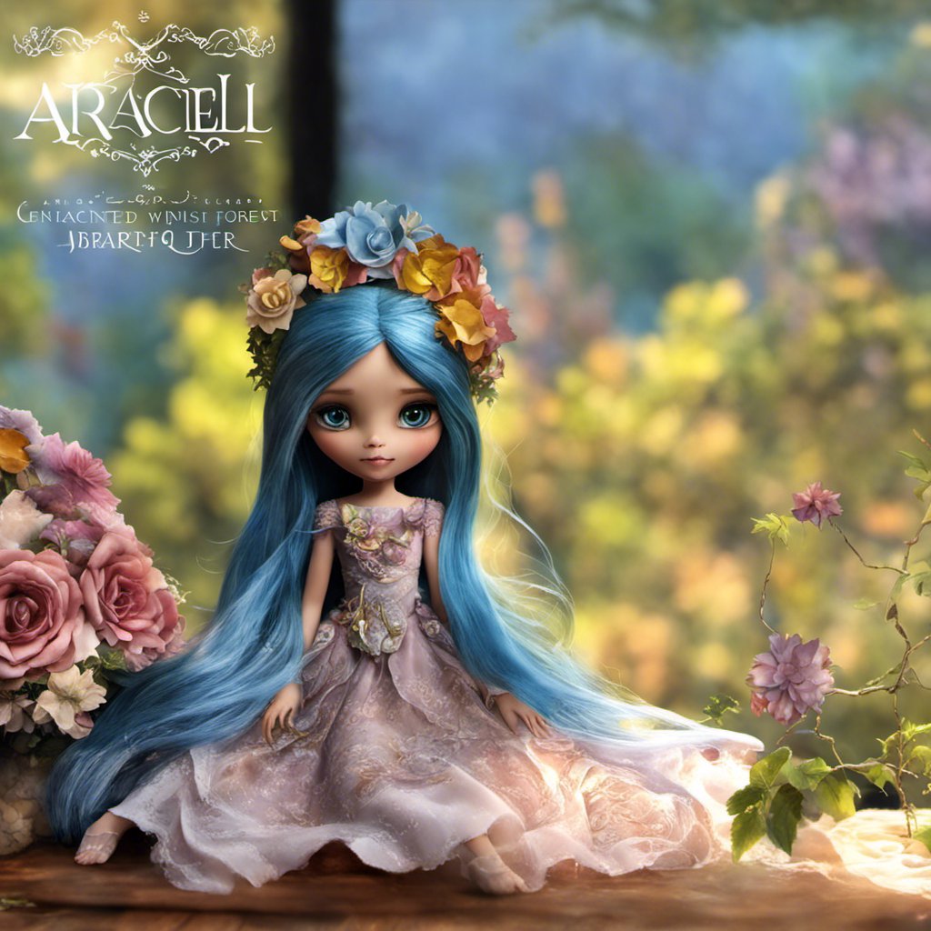 A blue haired doll sitting on a table with flowers, invoking an air of mystery and hinting at ancient artifacts.