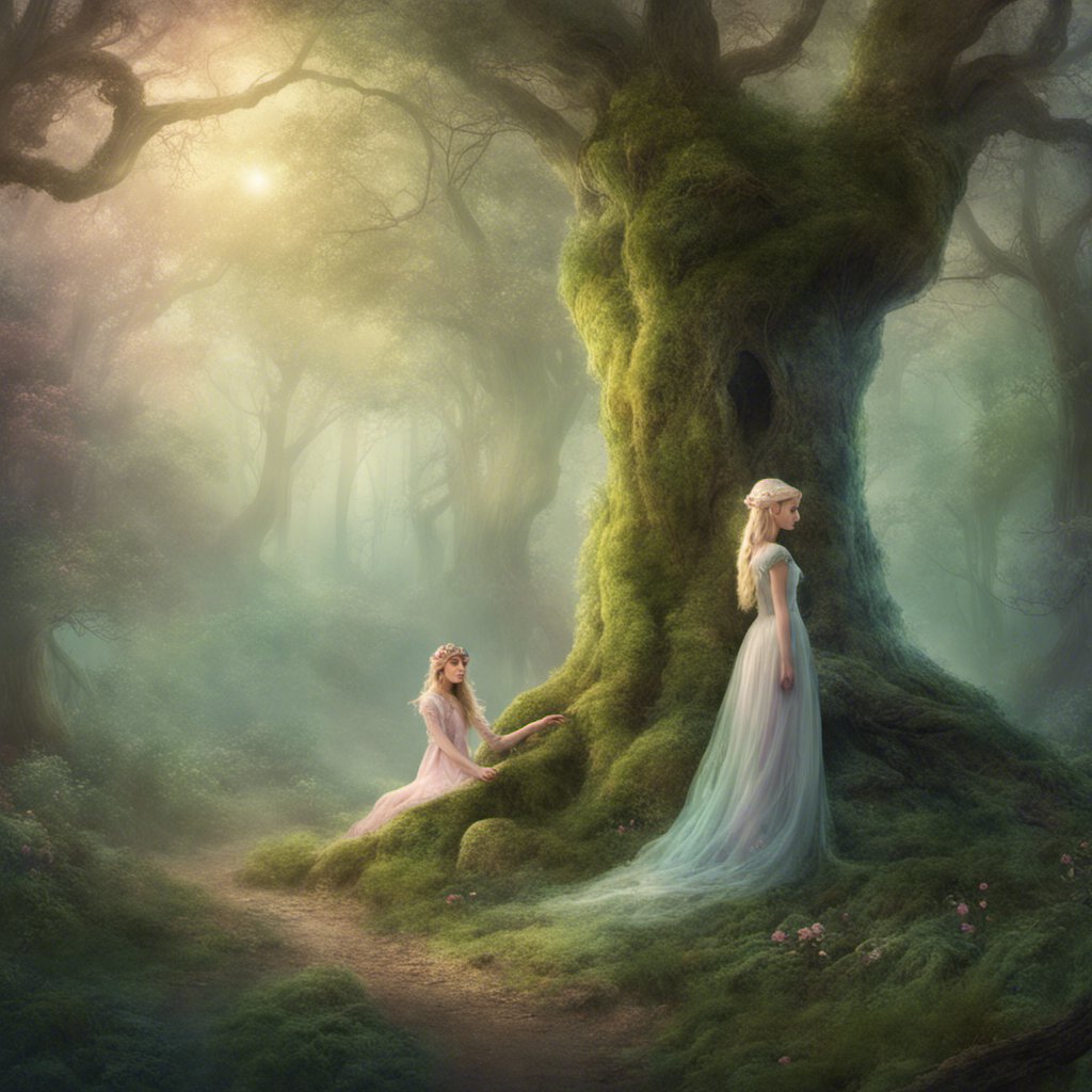 Princess Poppy and Jenny sitting in a forest near a tree, embarking on an enchanting journey.