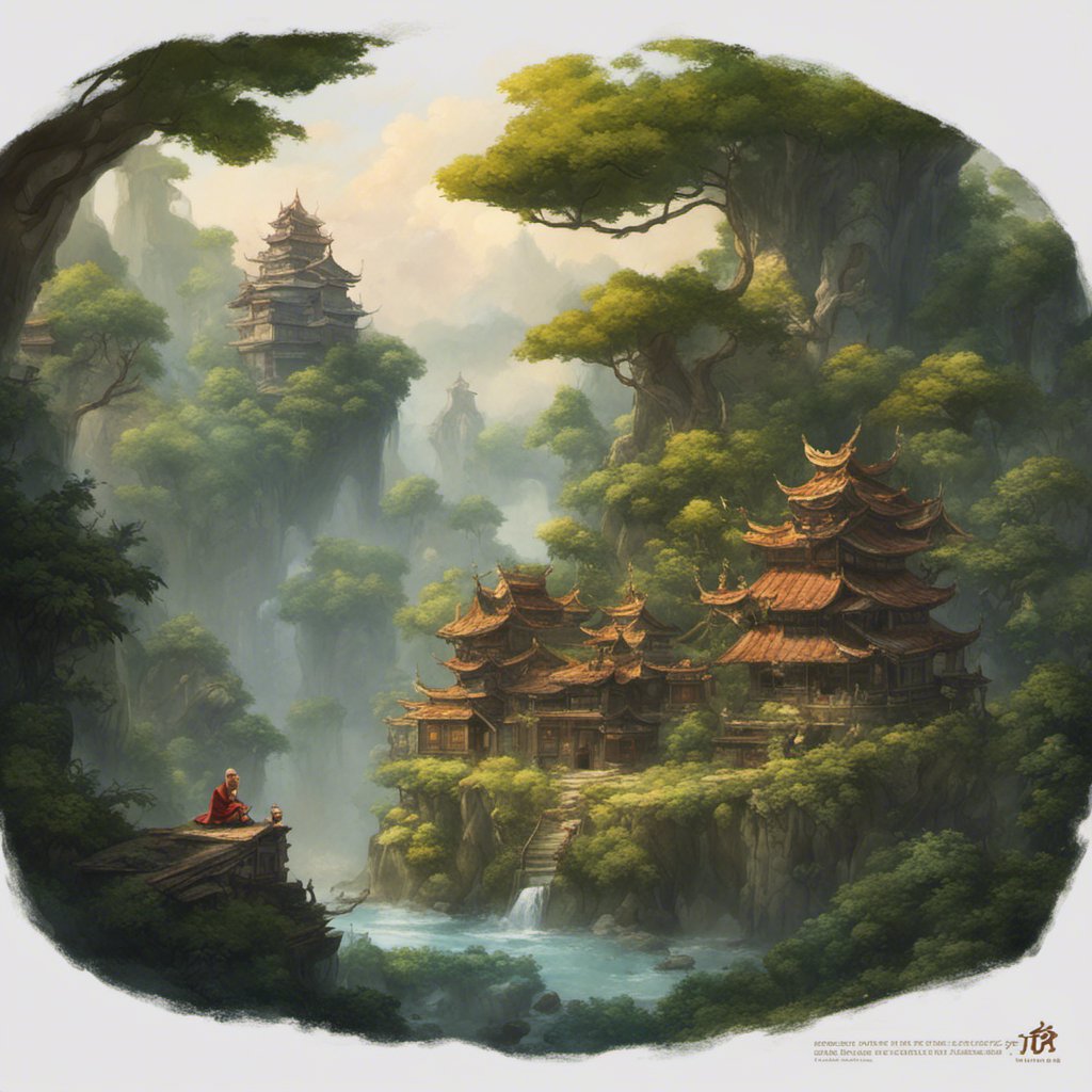 A painting of a monkey king battling in a Chinese village.