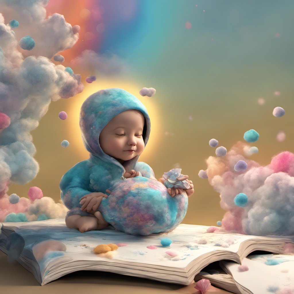 A baby is sitting on top of Riley's Extraordinary Journey book with clouds in the background.