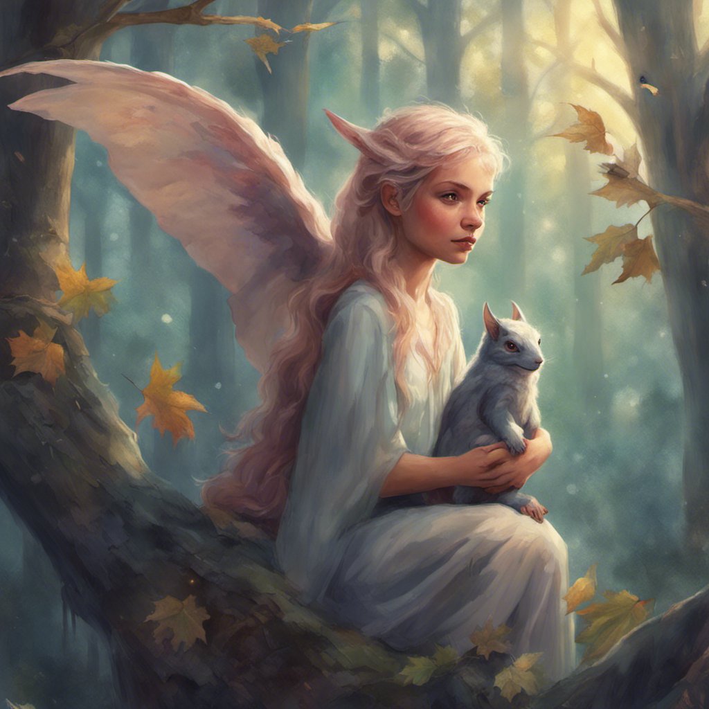 A fairy named Kate holding a kitten in the woods.