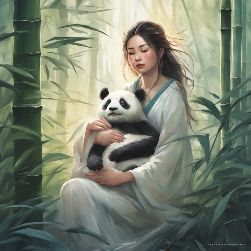 Hailey, a Panda Warrior, holding a panda bear in a painting.