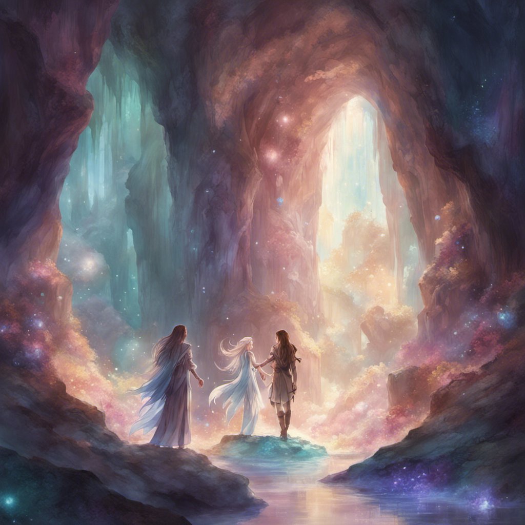 Two women standing courageously in an enchanted cavern with stars in the background.