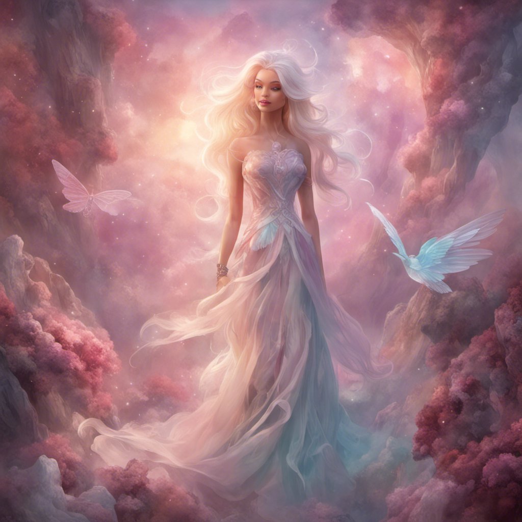 A painting of a girl in a white dress standing in the clouds during Eve's Journey.