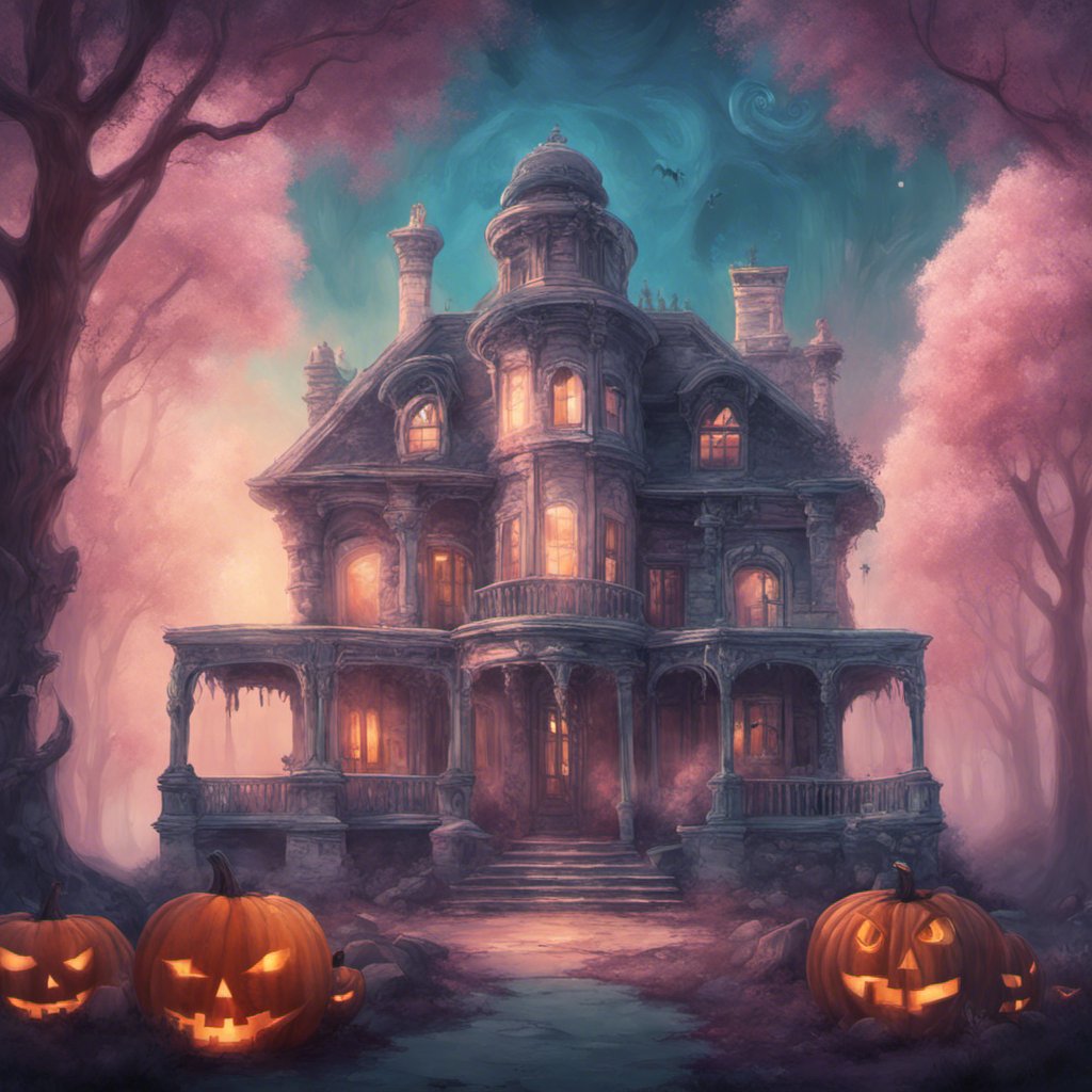 A Halloween haunted house nestled in the spooky woods, adorned with eerie pumpkins.