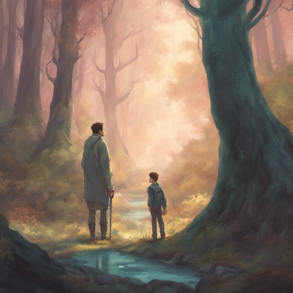 A mesmerizing painting depicting a man and a boy embarking on a captivating journey through an enchanted forest. The mystical ambiance of the woods captures the essence of their extraordinary adventures together. Jonathan,