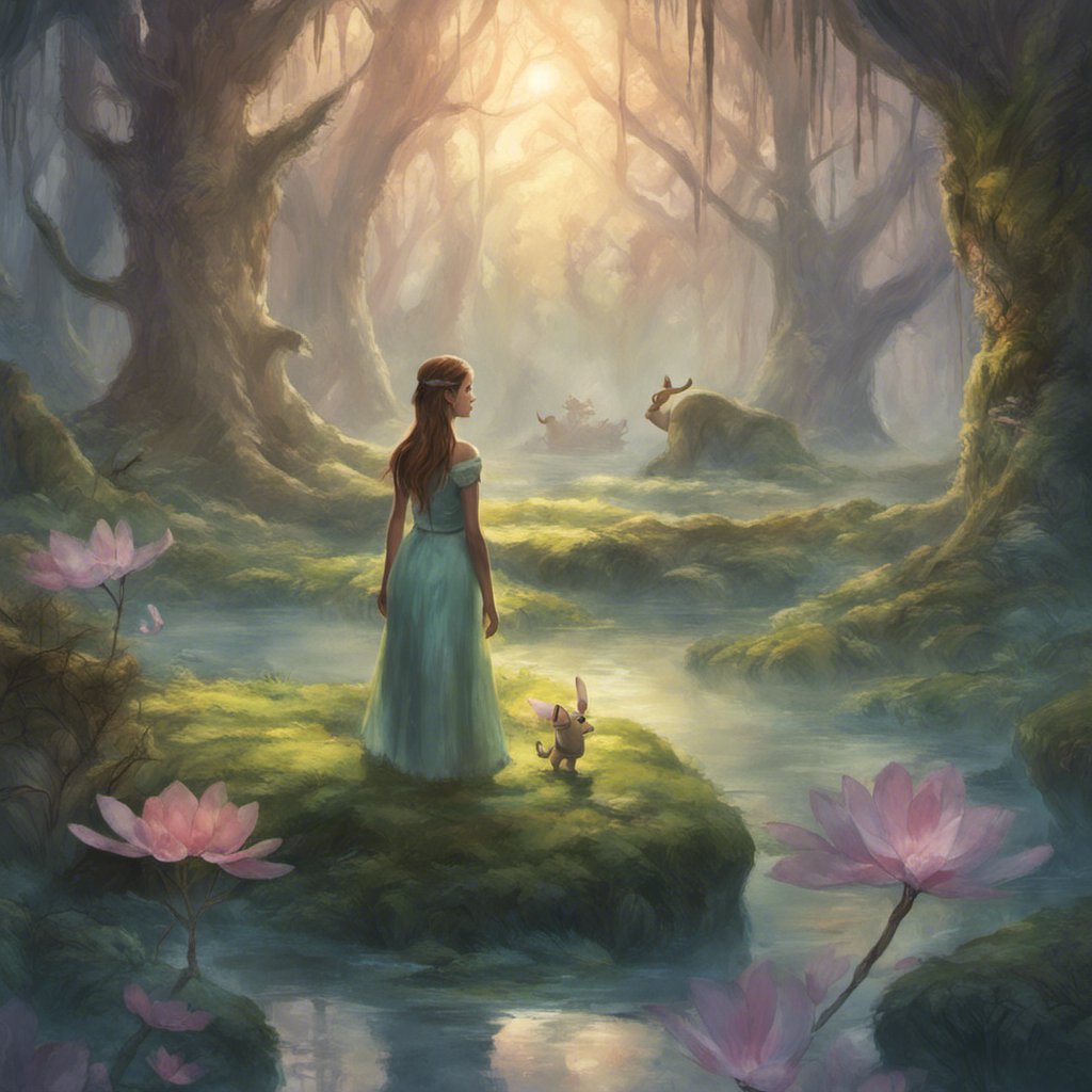 A fairytale painting of Lara, a girl standing in a forest, intertwined with an adventurous twist.