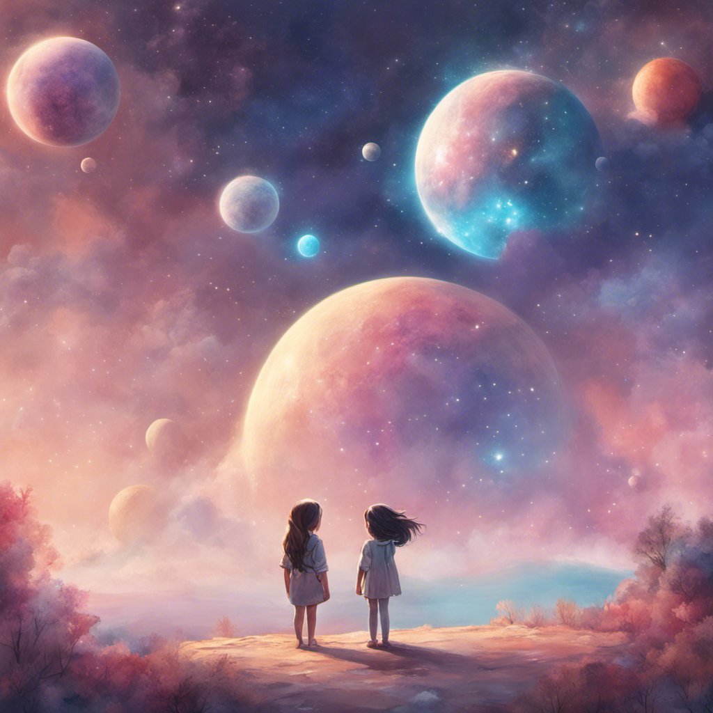 Olivia and Journey, two girls, standing in front of a dreamy starry sky.