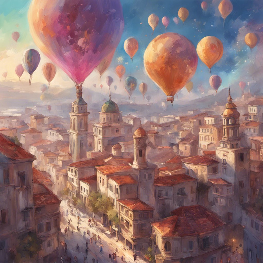 A painting of hot air balloons flying over a city by Göze Duru.