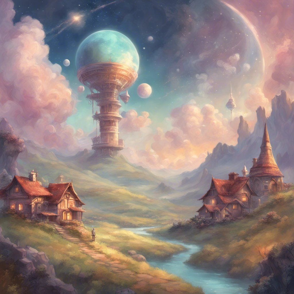 A mesmerizing painting depicting the enchanting town of Duru, situated beneath a radiant planet suspended in the sky. This breathtaking artwork takes viewers on a whimsical Journey to the Stars through an Ench