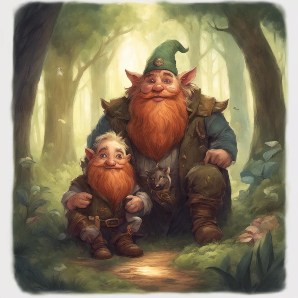 An enchanting illustration of two gnomes sitting in the woods, portraying a heartfelt friendship.