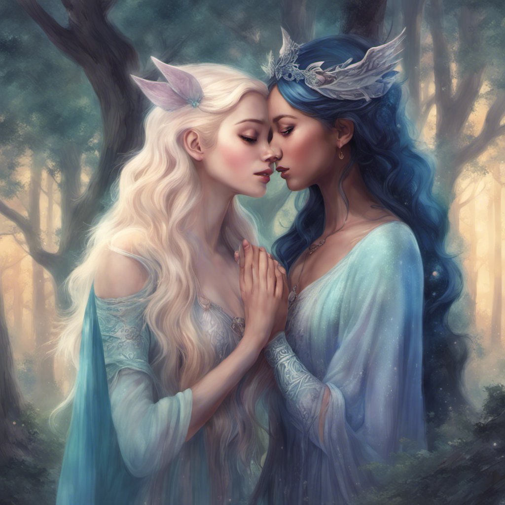 Simone and Princess Luna on a romantic journey, sharing a passionate kiss in the enchanting woods.