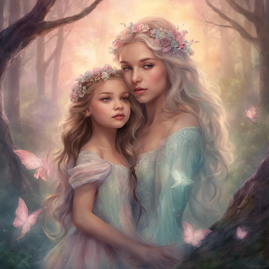 Acelynn and her mother share a tender moment in the enchanted forest, their love radiating through the painting.