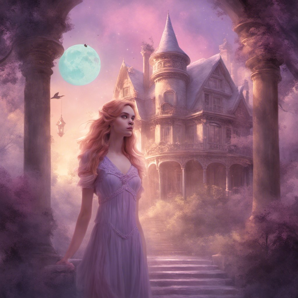 A woman in a pink dress standing in front of a haunted castle.