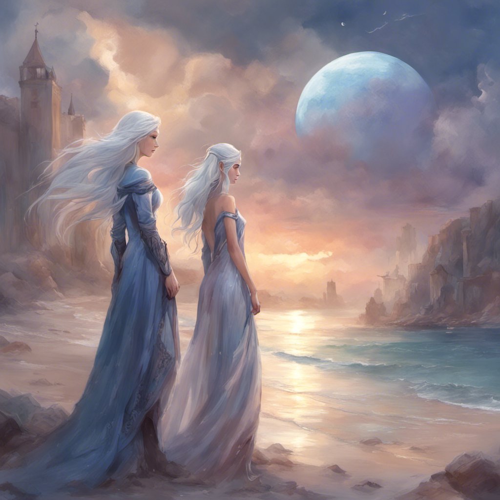 Princess Luna and Neva standing on a beach with the moon behind them, in an enchanting encounter.