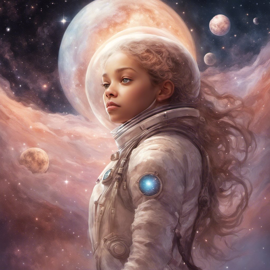 Neva's Galactic Quest unveils a stunning painting featuring a girl donning an astronaut suit amidst the mesmerizing cosmos.