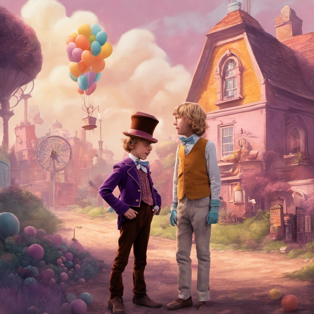 Two children standing in front of a whimsical house with balloons.