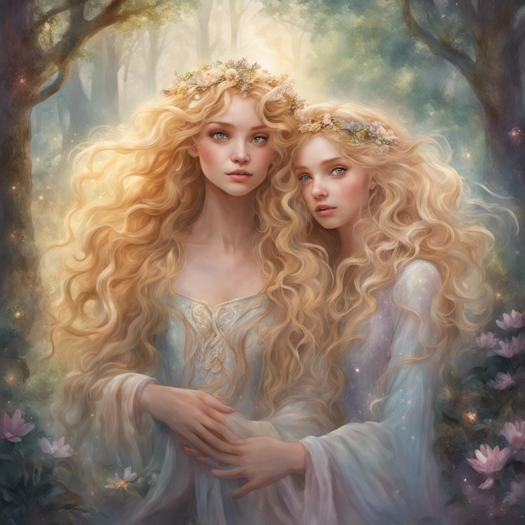 An enchanting painting capturing the friendship between two young women in a lush forest.