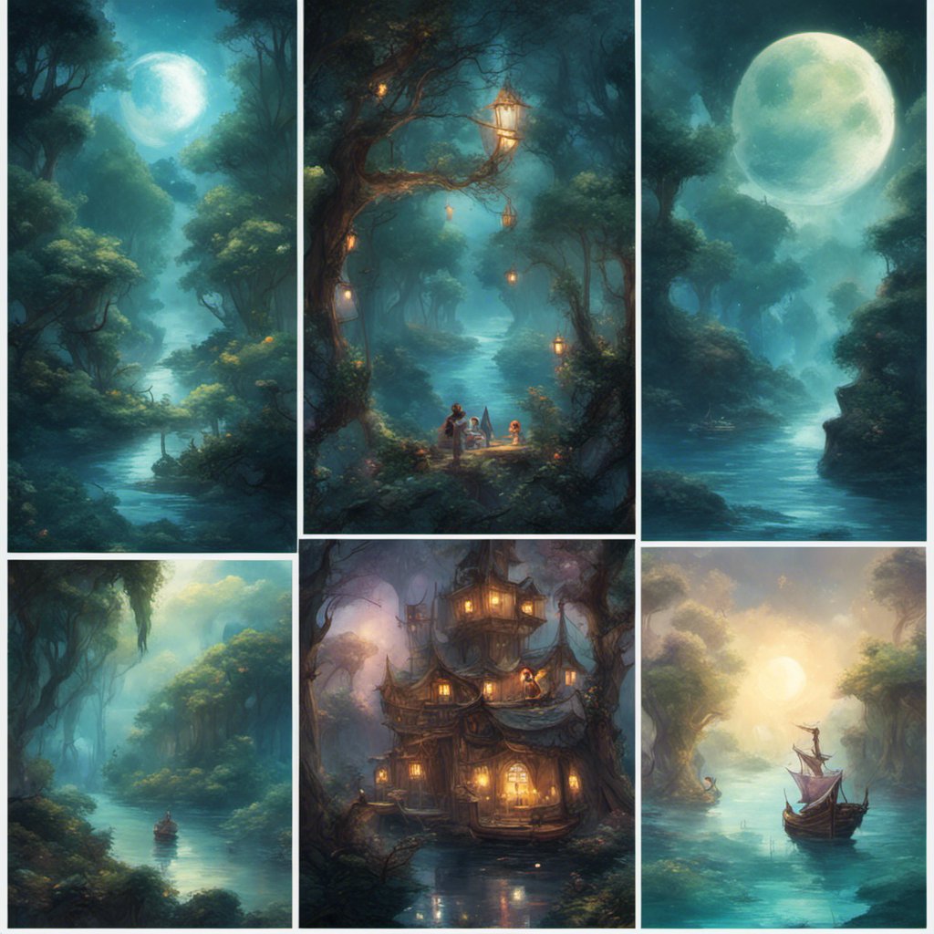 A series of pictures capturing Nina's nighttime voyage through a forest with a boat and a castle.