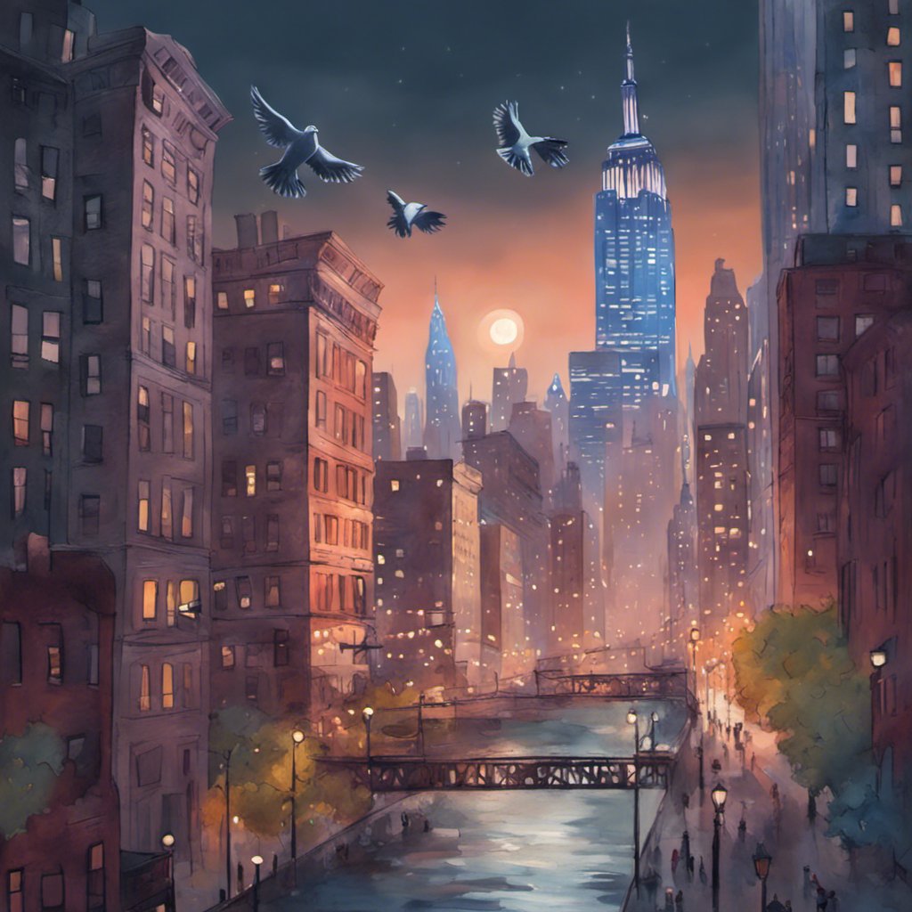 A whimsical painting of birds flying over a city at night.