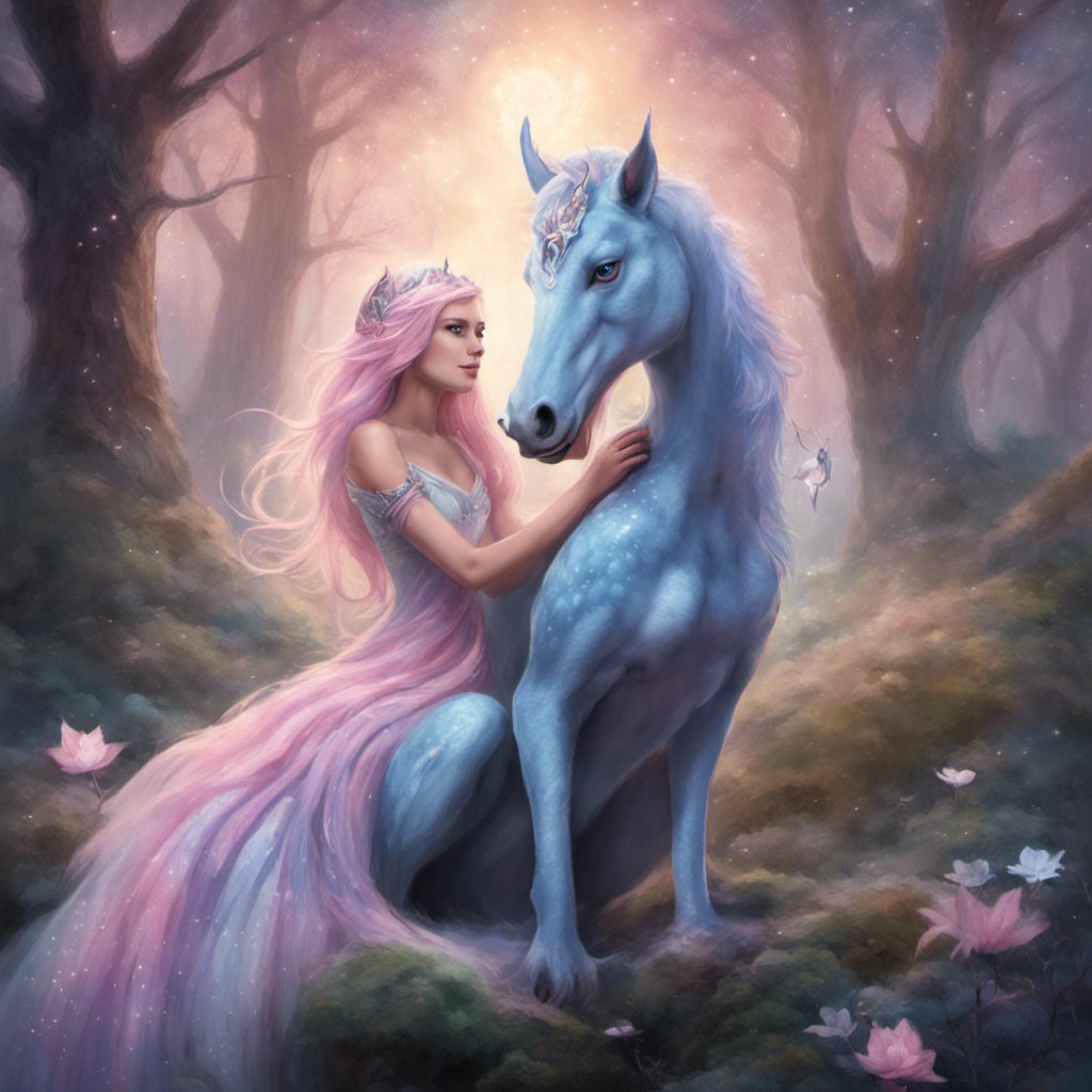 A painting of Princess Luna riding a blue unicorn named Sammy.