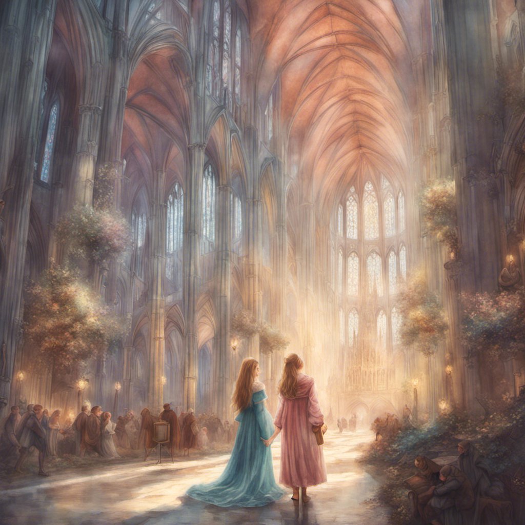 A whimsical painting of two girls walking through a cathedral in Cologne.