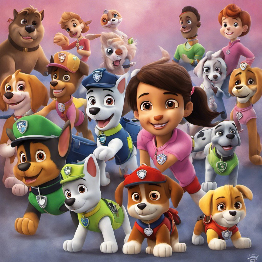 A group of Paw Patrol characters in front of a goldie background.