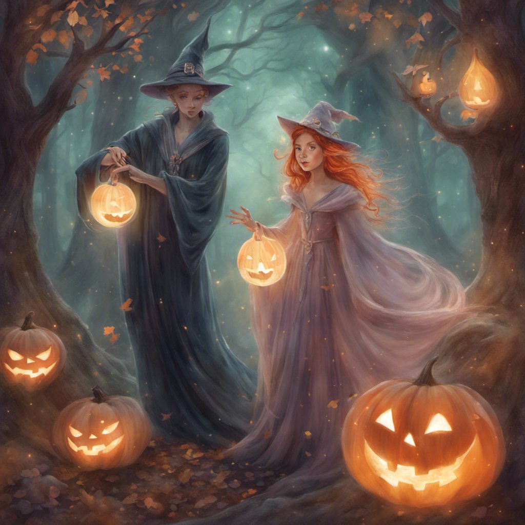 Enchanting Halloween Witch Alex holding pumpkins in the woods.