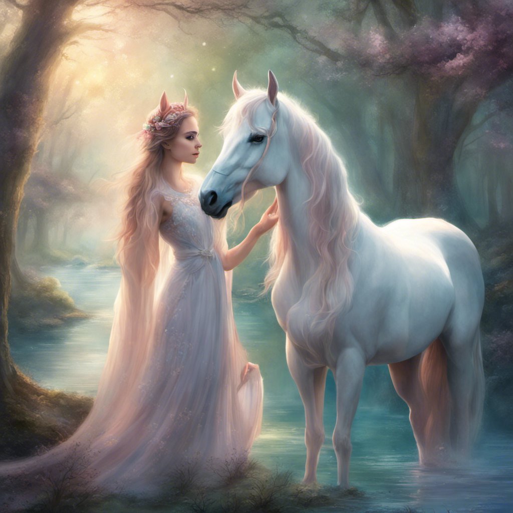 Lily, a girl in a white dress, is standing next to an Enchanted Unicorn.