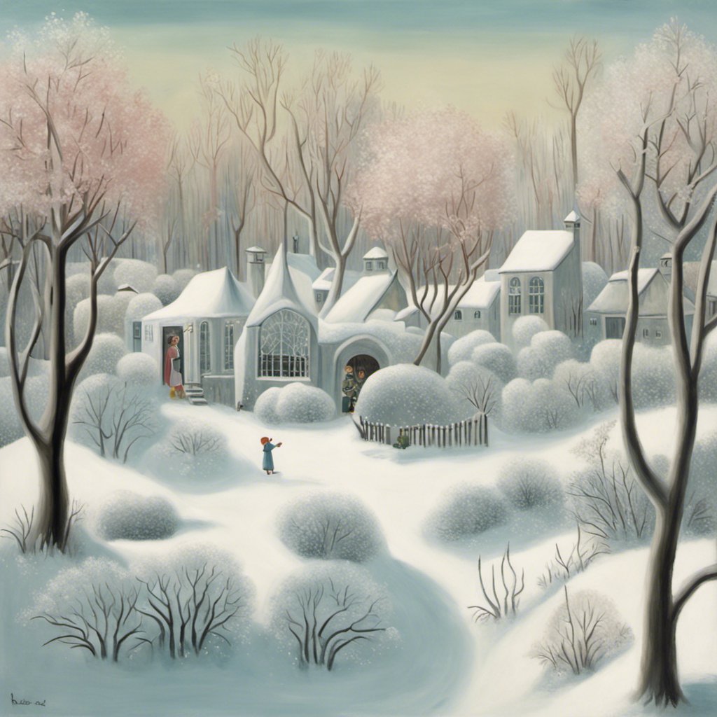 An artistic painting of a snowy scene with a house and trees, inspired by Henri Rousseau's adventurous style.