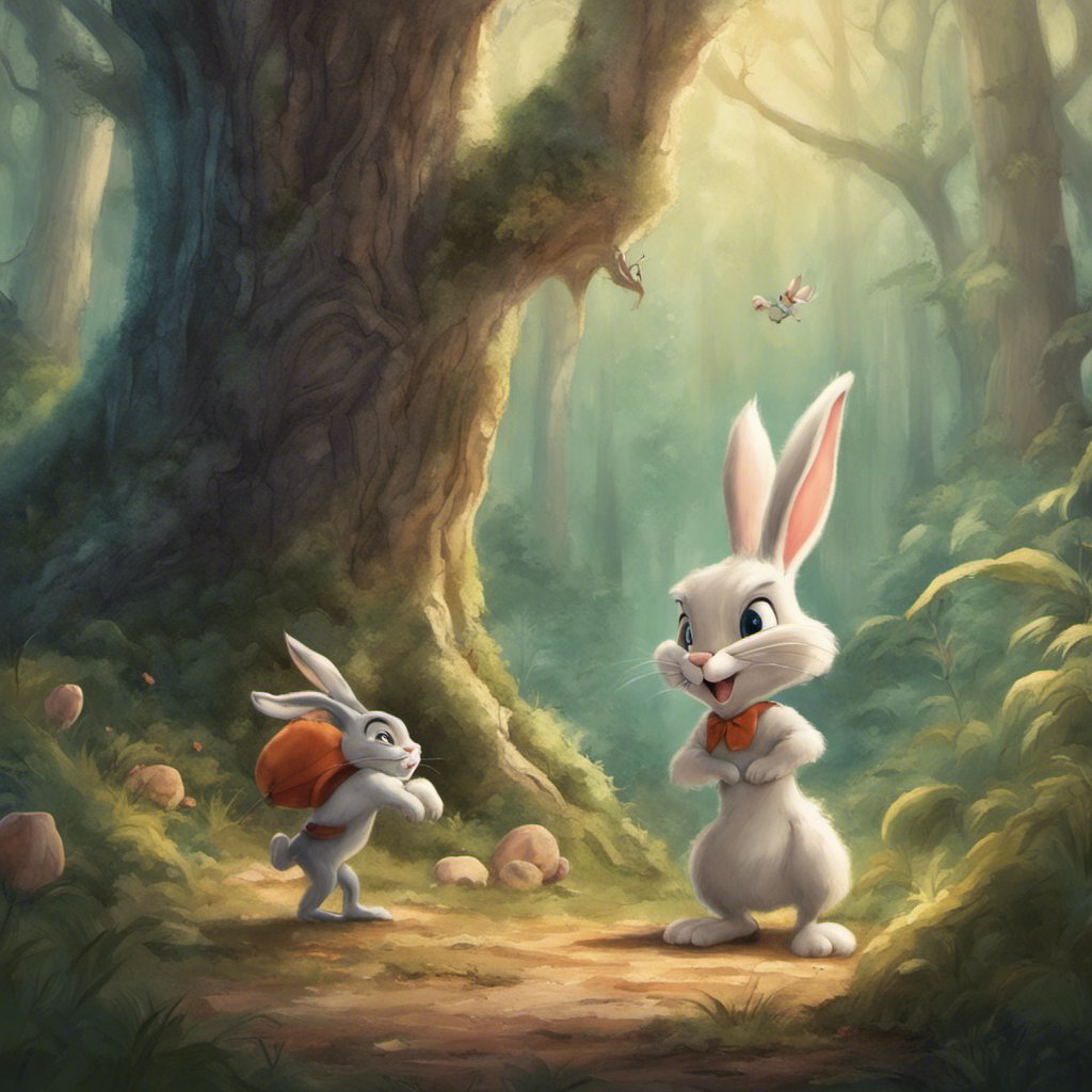 A cartoon of Bugs Bunny and Ryan, two rabbits, in an enchanted forest.