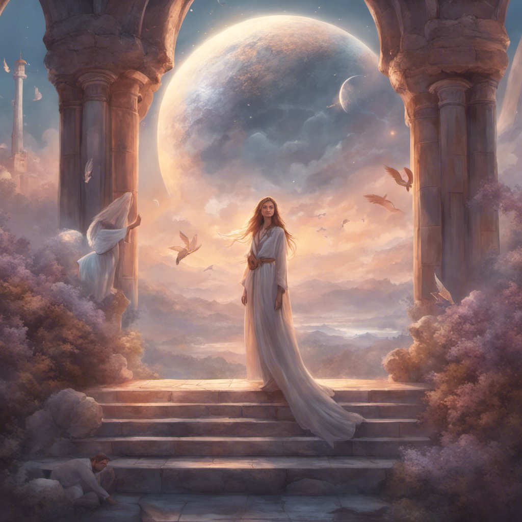 A woman in a long white dress standing on a stone staircase under the moon.