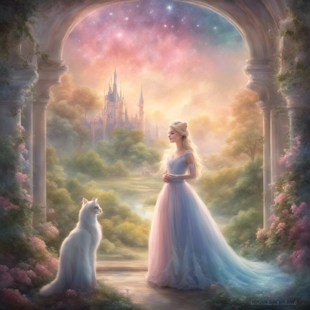 Cinderella and her cat, Purring Quest, standing in front of a castle.