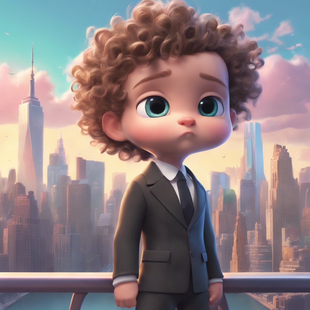 Drew, a cartoon boy with curly hair, standing on a balcony overlooking Manhattan during his Midnight Quest.