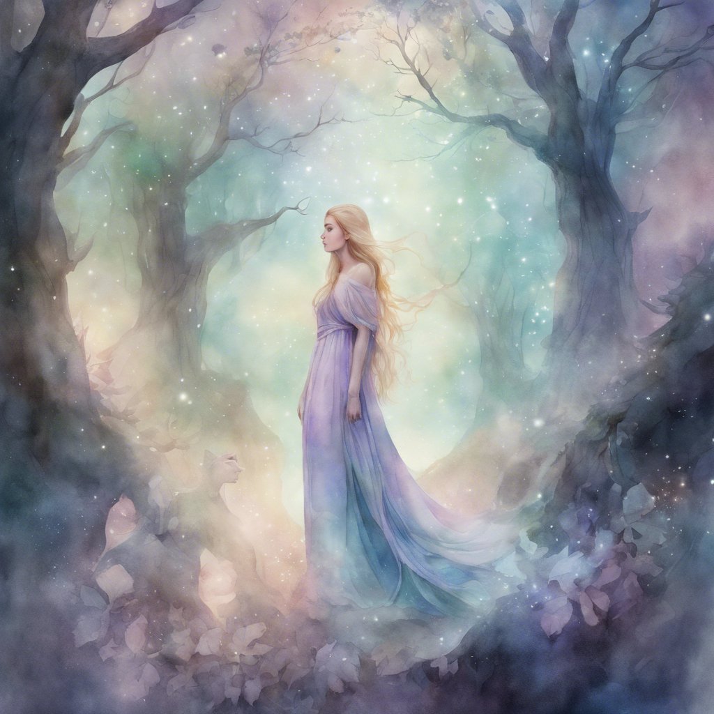 An enchanting painting of Hannah, the Goddess Nyx, standing in a purple dress amidst a mystical forest.