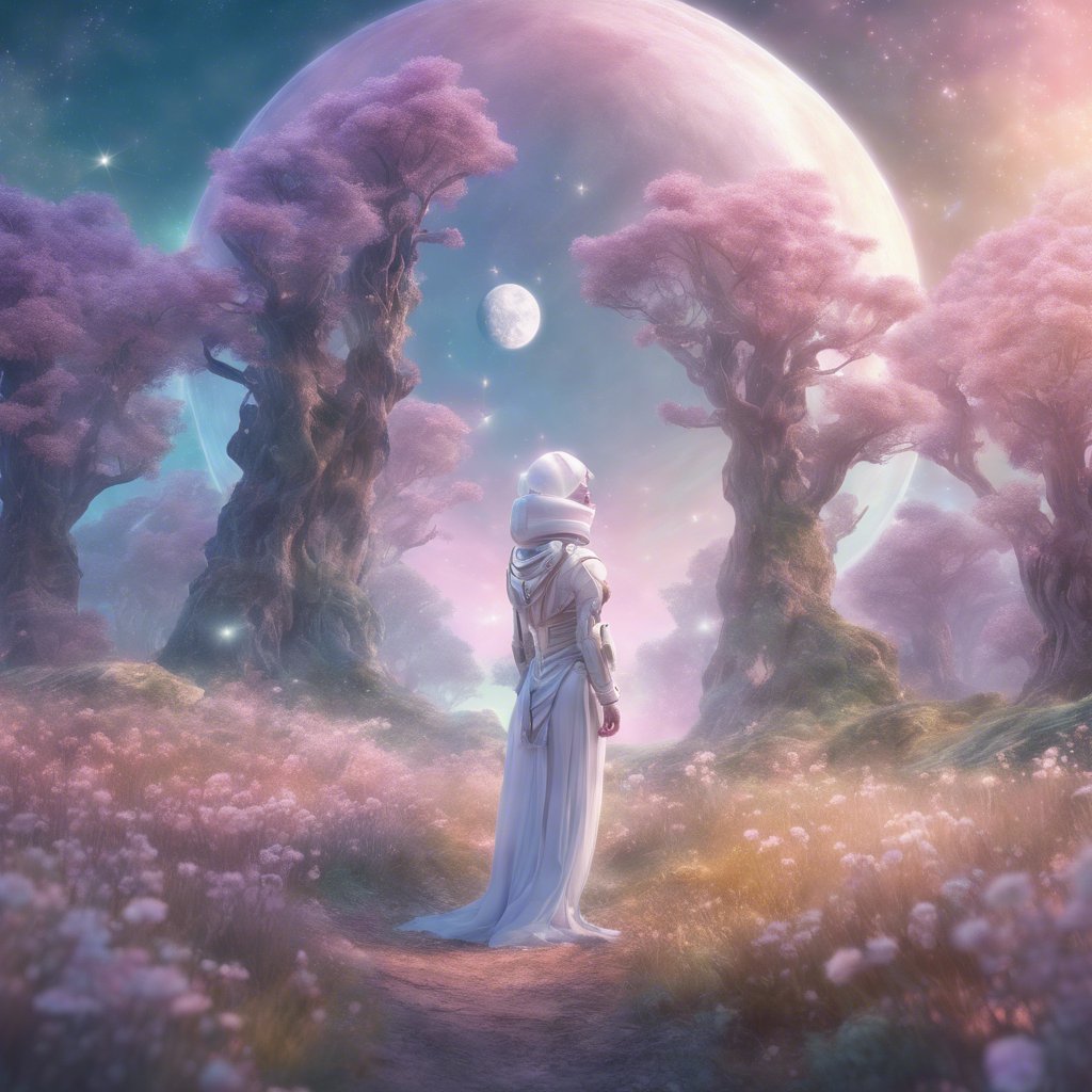 A woman in a white dress is standing in front of a **pink** moon.