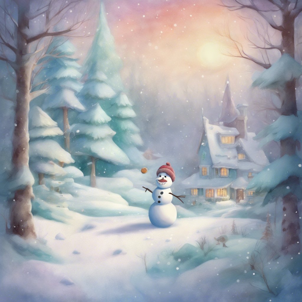 A Winter Wonderland painting featuring an Everlasting Snowman in front of a house.