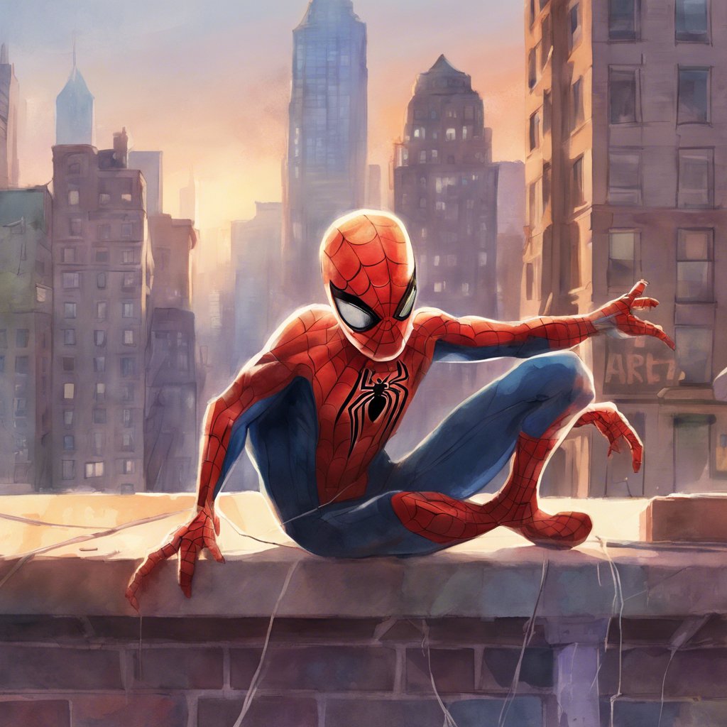 A painting of Spider-Man perched on the ledge of a building, showcasing his amazing Spidey abilities in the Jack's Journey within the Web of Friendship.