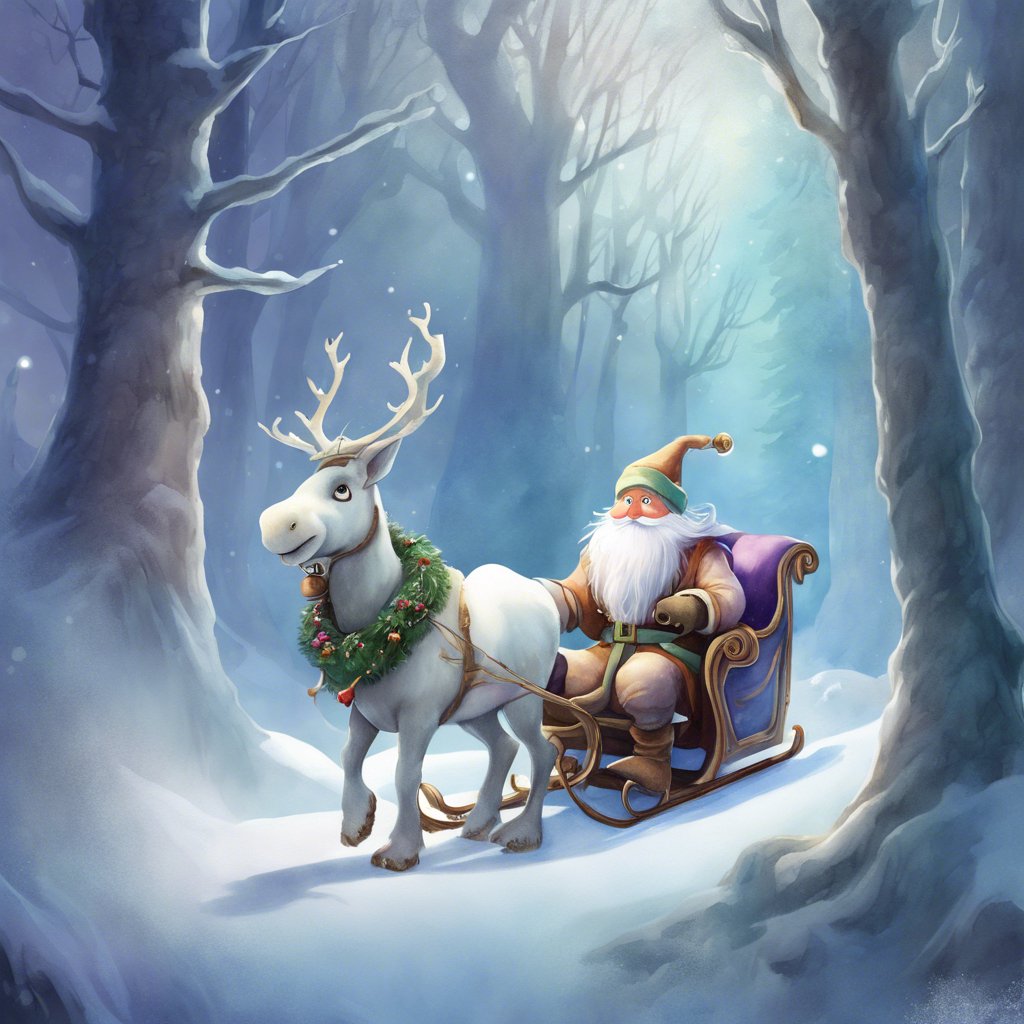 Santa Claus in a sleigh with reindeer, creating a whimsical winter scene.