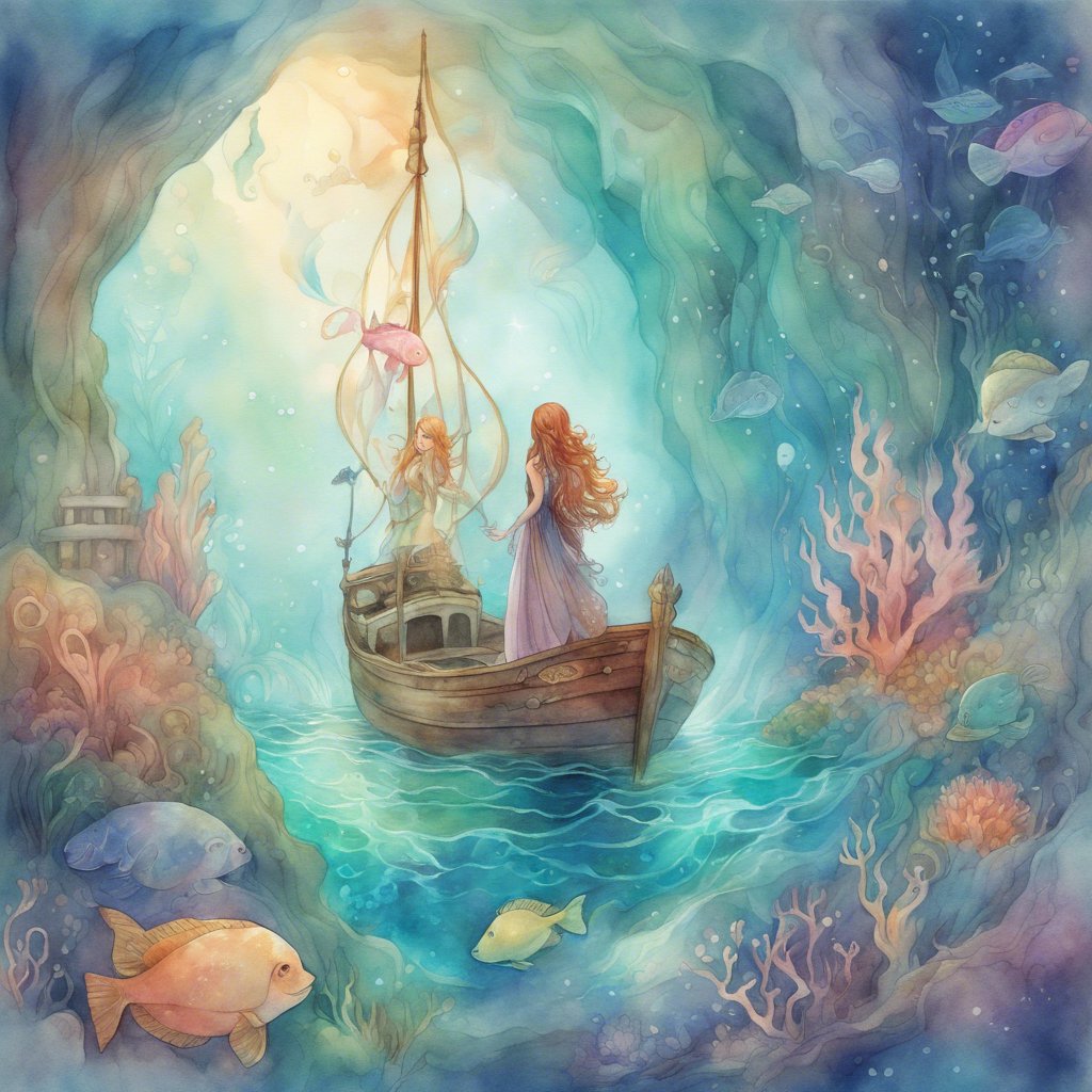 A Remarkable Rendezvous watercolor painting of a boat with a princess and fishes.