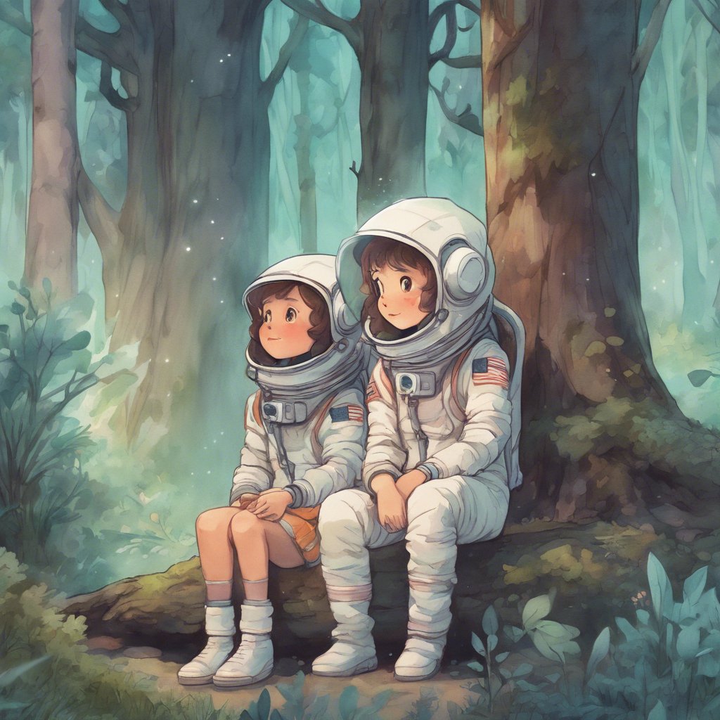 Two astronauts sitting on a log in Whispering Woods.