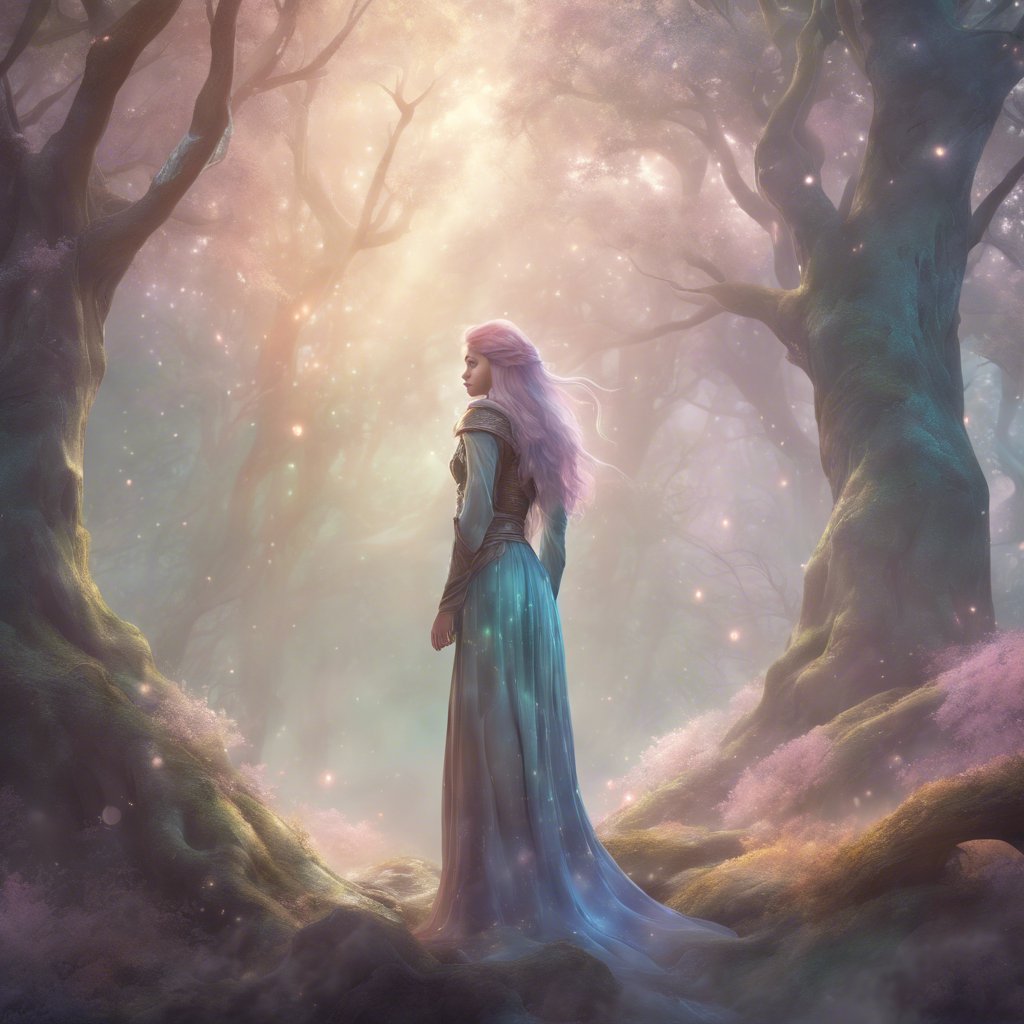 Alya, a woman in a long dress, standing in the Whispering Woods forest.