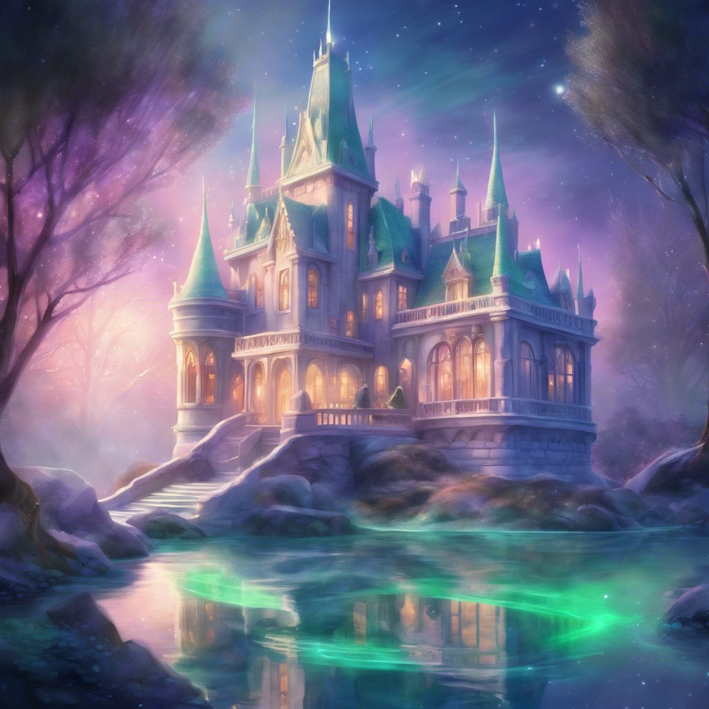 A painting of a castle in the night sky, bathed in the mystical glow of whispering winds.