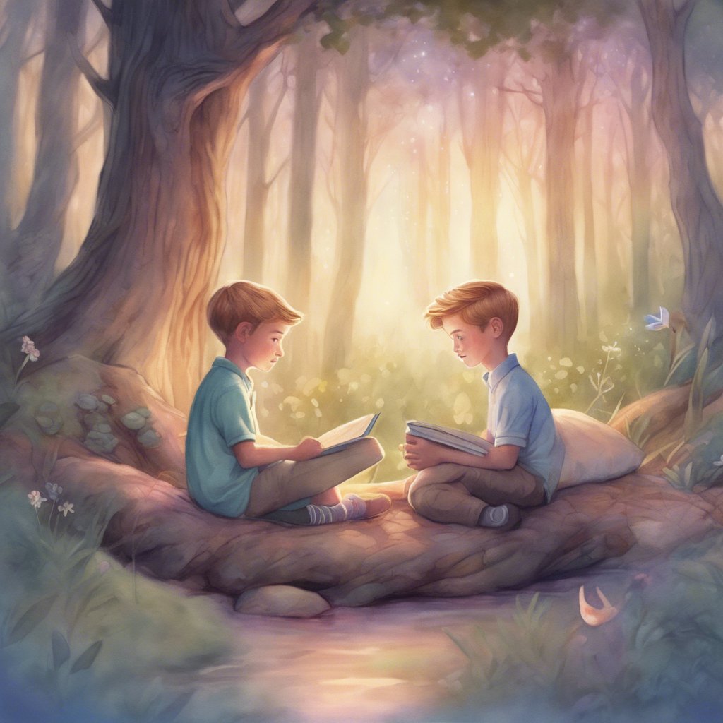 Two boys sitting in the woods reading books about Chicago while sharing spellbinding stories from Kyle's Quest.