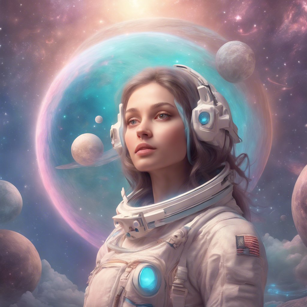 Mona, a girl in an astronaut suit, embarks on a Marvelous Mission in Moonbeam Village while standing in front of planets.